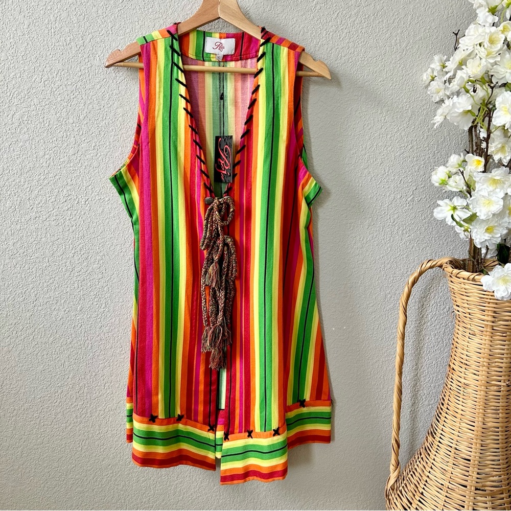 NEW Roja Fiesta Vest Size Large 100% Cotton Serape Stripe Western Rope Closure